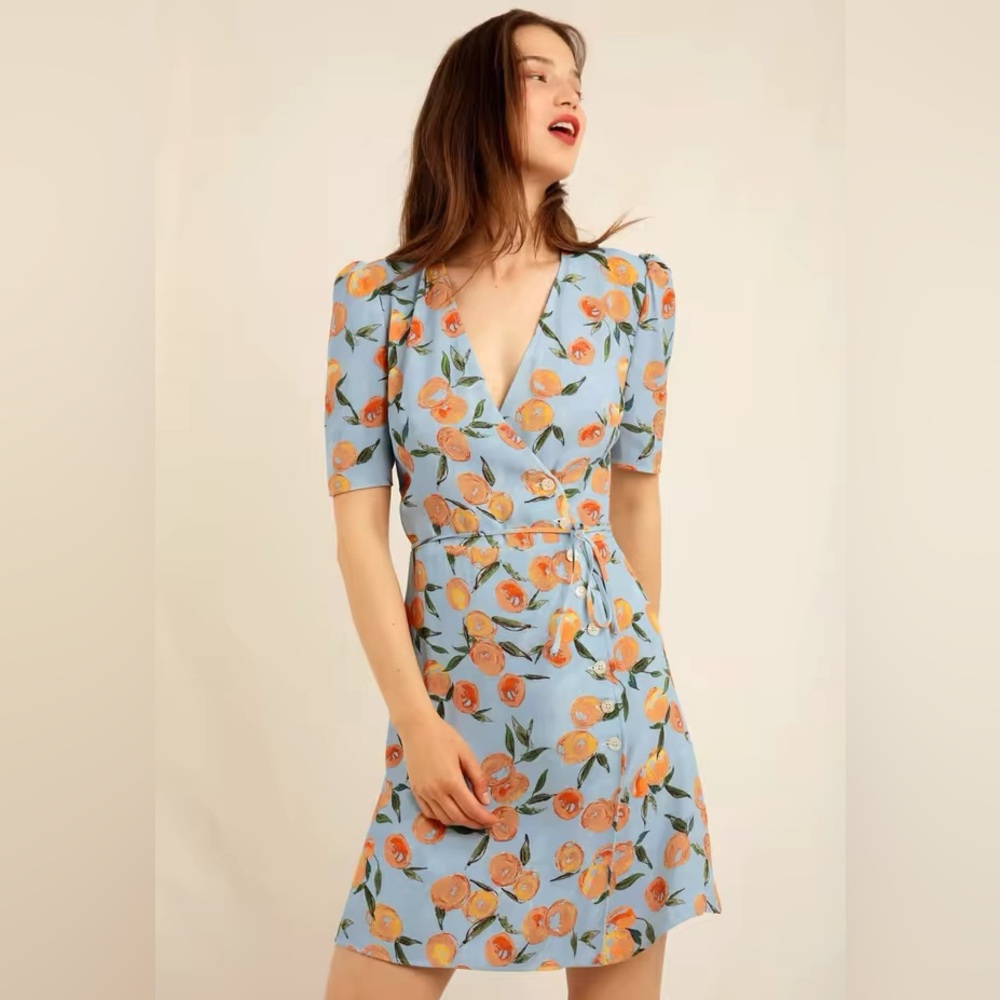 ROUJE Paris Gabinette Mini Button Wrap Dress orange Print - Sz 34 (US 0-2)